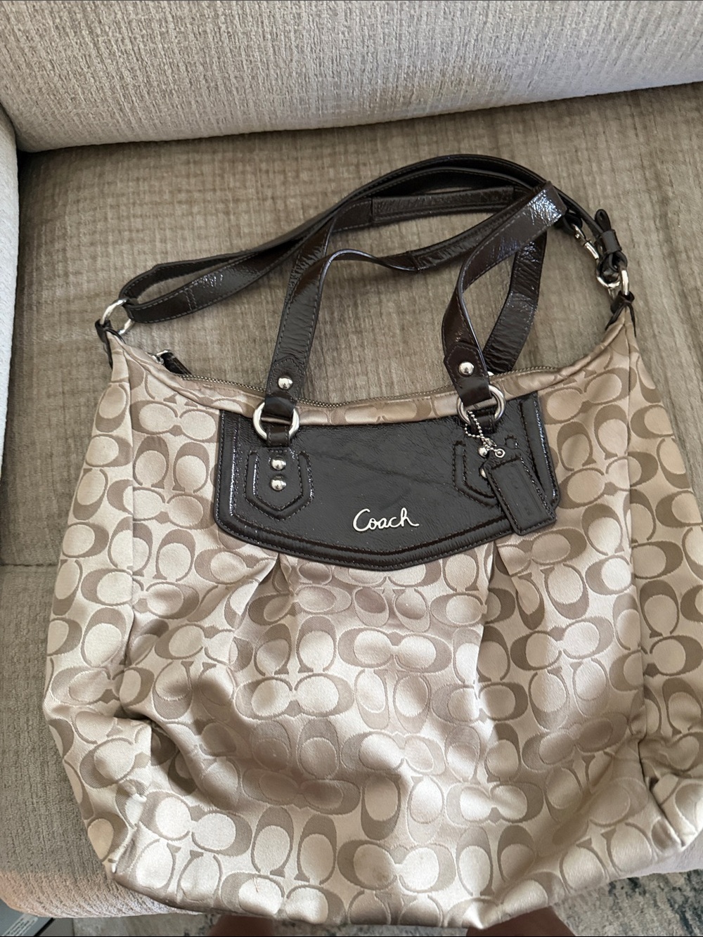Coach Beige Signature Shoulder Bag with Dark Brown Trim